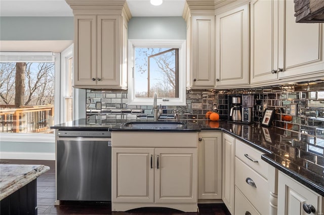 kitchen featuring a healthy amount of sunlight, sink, dark stone counters, and dishwasher