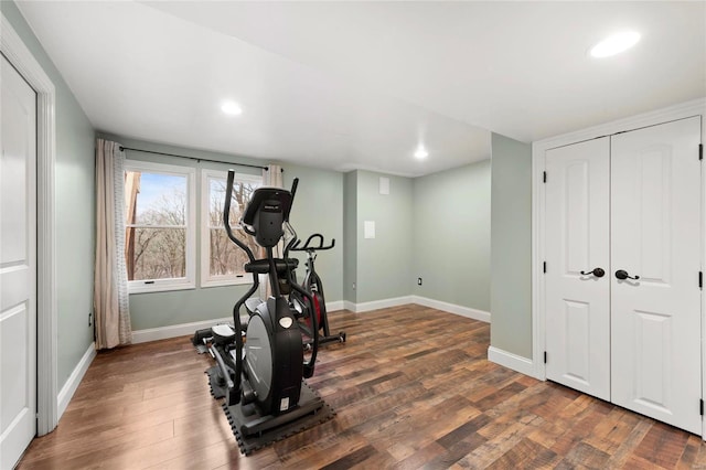 workout room featuring dark hardwood / wood-style flooring