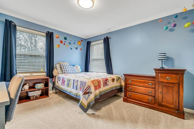 bedroom with light carpet and ornamental molding