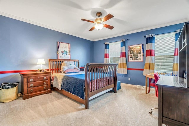 bedroom with ornamental molding, light colored carpet, and ceiling fan