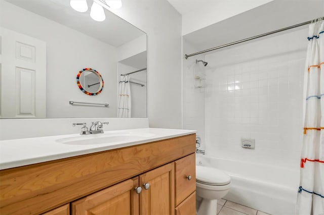 full bathroom featuring shower / tub combo, vanity, toilet, and tile patterned flooring