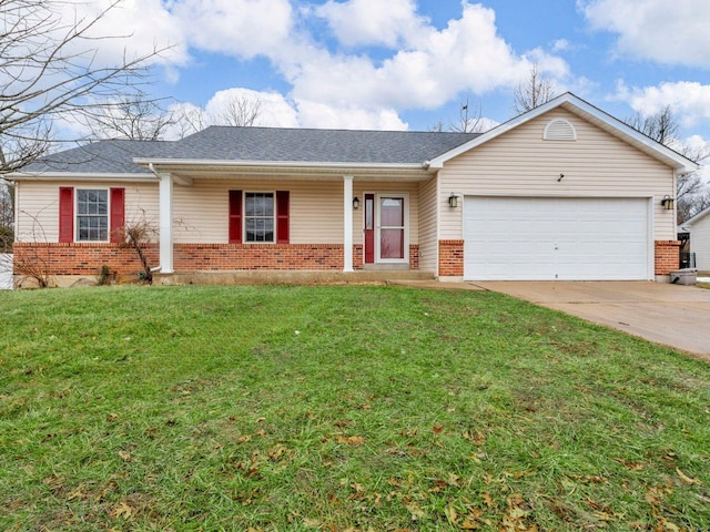 ranch-style house featuring an attached garage, covered porch, brick siding, concrete driveway, and a front yard