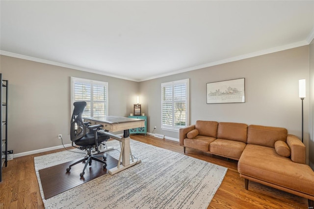 office space with hardwood / wood-style flooring and ornamental molding