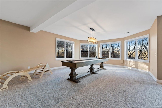 recreation room with pool table, carpet flooring, beam ceiling, and baseboards