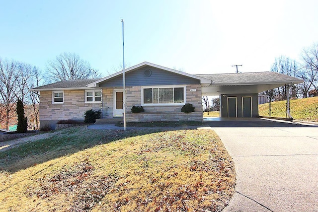 single story home with a carport and a front lawn