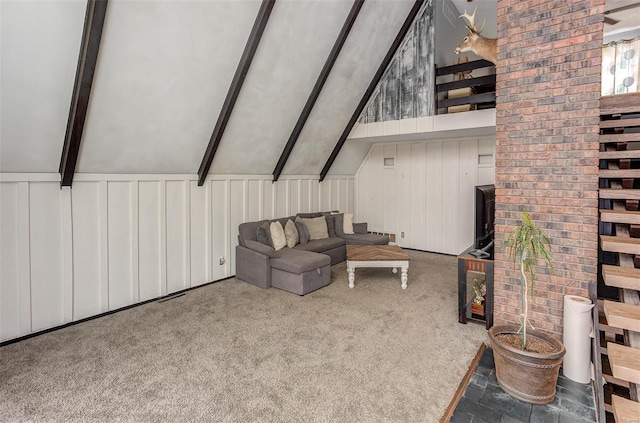 unfurnished living room featuring light carpet and lofted ceiling with beams