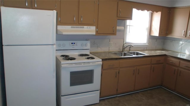 kitchen featuring sink, white appliances, and backsplash