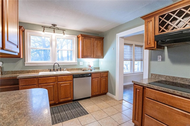 kitchen with light tile patterned flooring, black electric cooktop, dishwasher, and sink