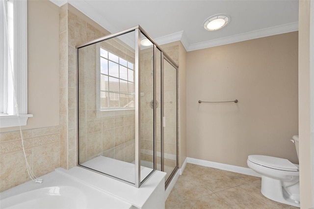 bathroom with crown molding, an enclosed shower, tile patterned floors, and toilet