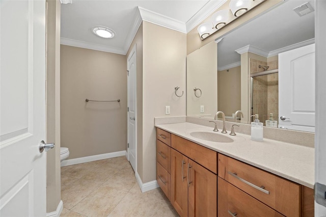 bathroom with tile patterned floors, toilet, ornamental molding, vanity, and a shower with door