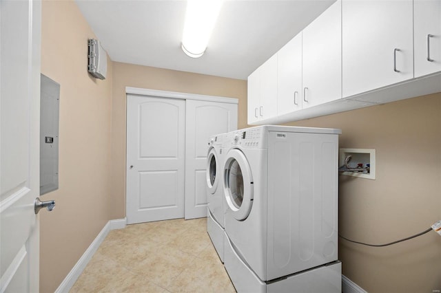 clothes washing area with washer and dryer, electric panel, and cabinets