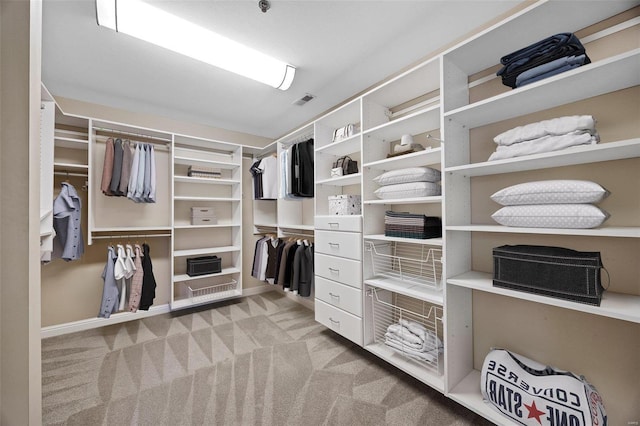 walk in closet with light colored carpet