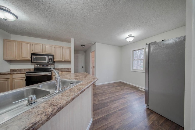 kitchen featuring appliances with stainless steel finishes, dark hardwood / wood-style floors, light brown cabinets, and a textured ceiling