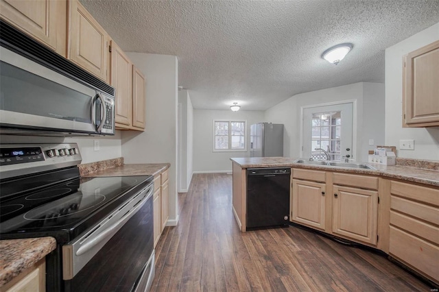 kitchen featuring appliances with stainless steel finishes, sink, dark hardwood / wood-style flooring, light brown cabinets, and a textured ceiling