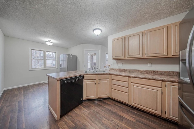 kitchen with sink, stainless steel fridge with ice dispenser, light brown cabinets, dishwasher, and kitchen peninsula