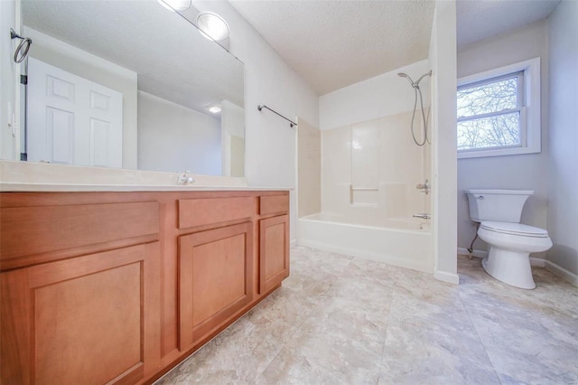 full bathroom with vanity, toilet, bathing tub / shower combination, and a textured ceiling