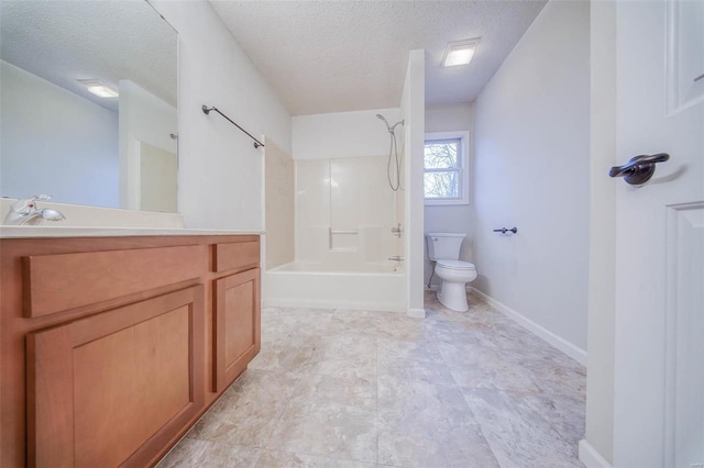 full bathroom with bathtub / shower combination, vanity, toilet, and a textured ceiling