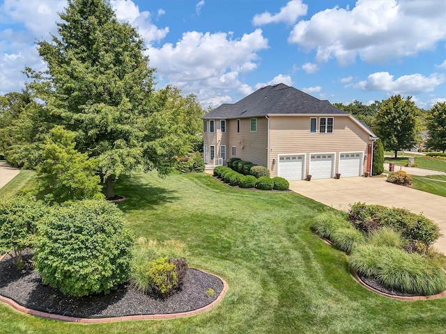 view of property exterior featuring a garage and a lawn