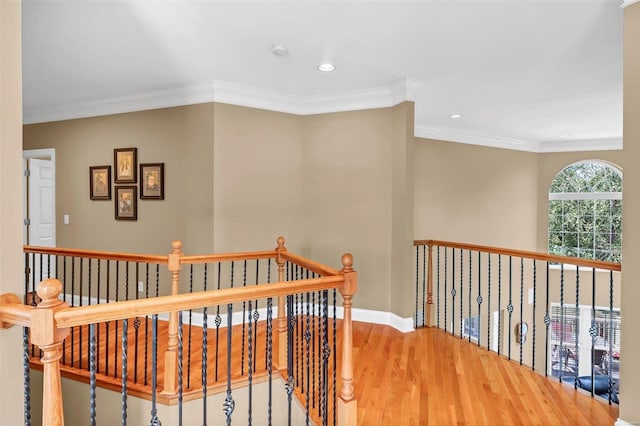 corridor with ornamental molding and wood-type flooring