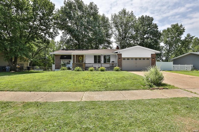 single story home featuring a porch, a garage, and a front lawn