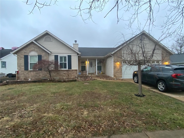 ranch-style house with a garage and a front yard