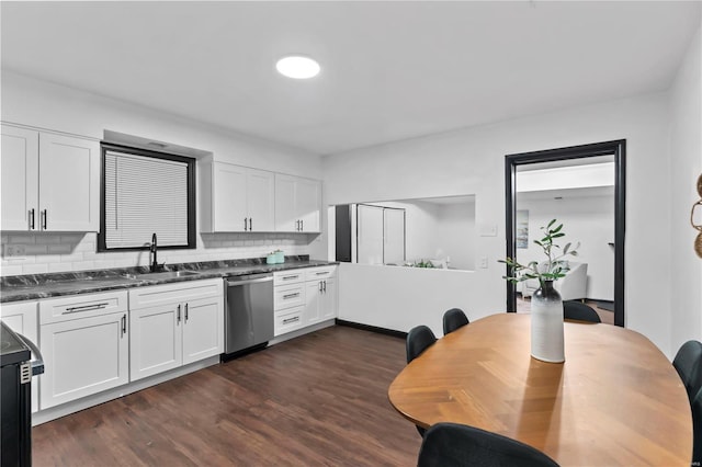 kitchen featuring sink, white cabinetry, stainless steel dishwasher, dark hardwood / wood-style flooring, and decorative backsplash