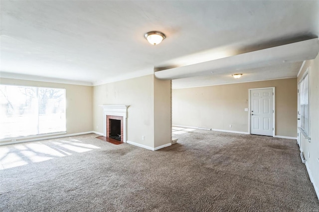 unfurnished living room with a brick fireplace and carpet flooring