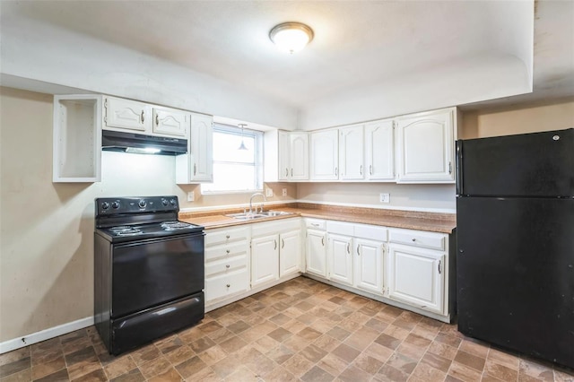 kitchen with sink, white cabinets, and black appliances