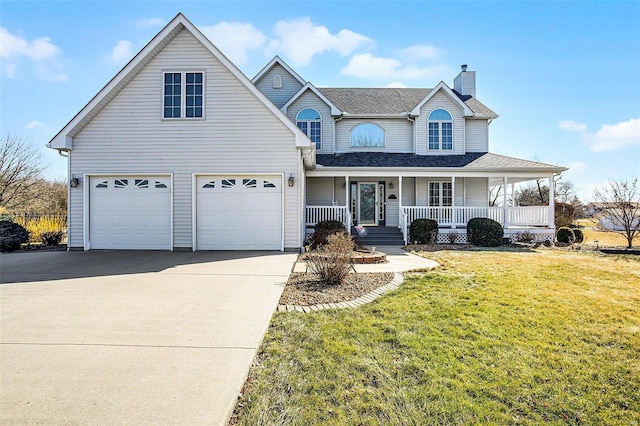 traditional home with a porch, concrete driveway, a front yard, a garage, and a chimney