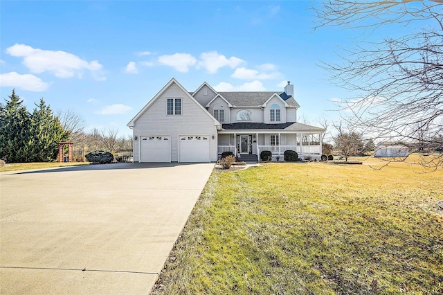 traditional-style house with a chimney, covered porch, concrete driveway, and a front yard