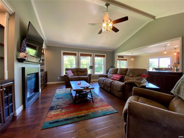 living room featuring dark wood-type flooring, ceiling fan, ornamental molding, and lofted ceiling with beams