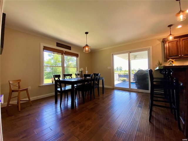 dining space featuring crown molding, a healthy amount of sunlight, and dark hardwood / wood-style floors