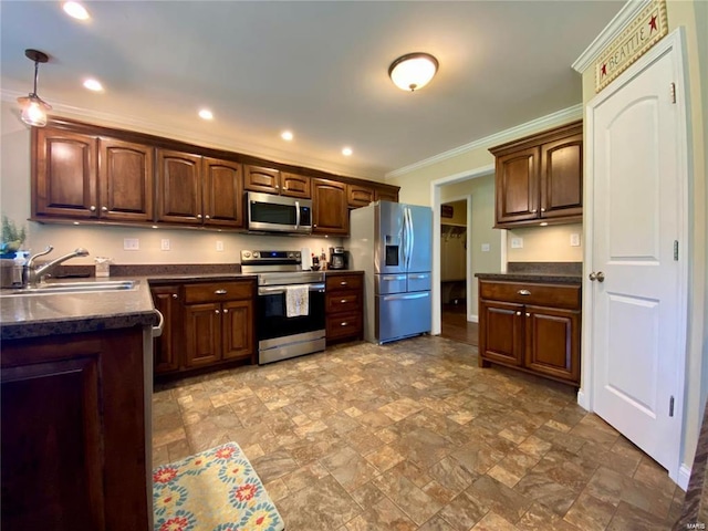 kitchen with sink, crown molding, dark brown cabinets, and appliances with stainless steel finishes