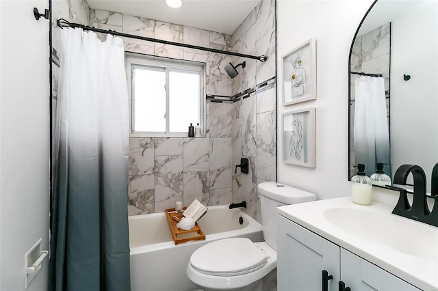 full bathroom with shower / tub combo, vanity, and toilet