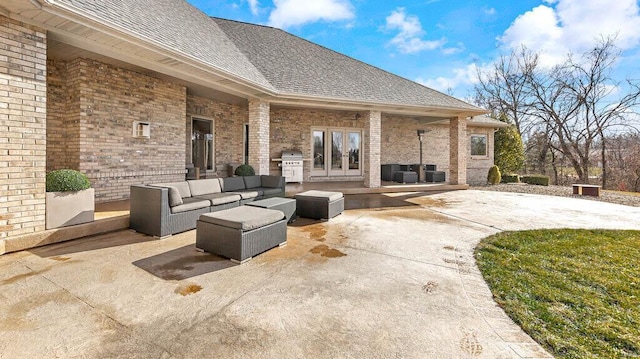 view of patio featuring a grill, central AC, an outdoor hangout area, and french doors