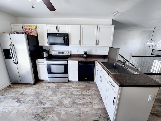 kitchen with black appliances, sink, white cabinets, hanging light fixtures, and kitchen peninsula