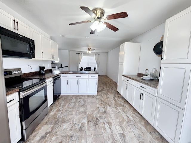 kitchen with white cabinetry, kitchen peninsula, and black appliances