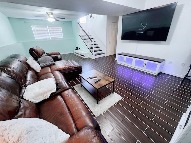 living room featuring ceiling fan