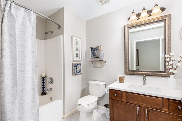 full bathroom with vanity, toilet, and shower / bathtub combination with curtain