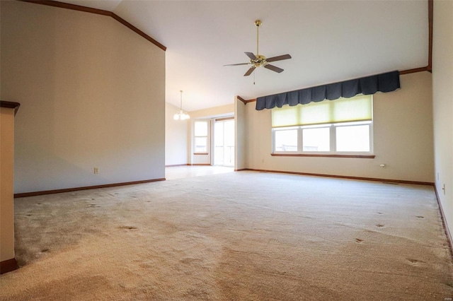 unfurnished room with crown molding, carpet floors, ceiling fan with notable chandelier, and high vaulted ceiling