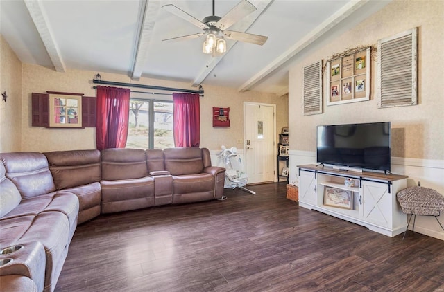 living room with ceiling fan, beam ceiling, and dark hardwood / wood-style flooring