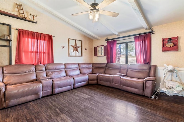 living room with vaulted ceiling with beams, wood-type flooring, and ceiling fan