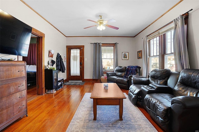 living room featuring hardwood / wood-style floors, plenty of natural light, and ornamental molding