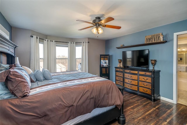 bedroom with ceiling fan, connected bathroom, and dark hardwood / wood-style floors