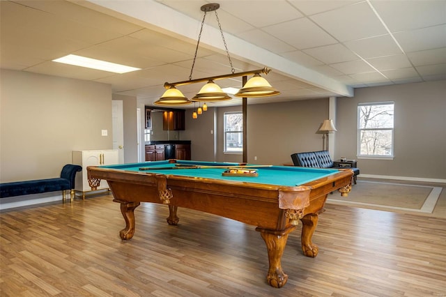 game room with billiards, light hardwood / wood-style floors, and a drop ceiling