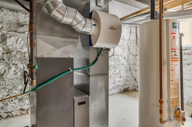 utility room featuring water heater and heating unit