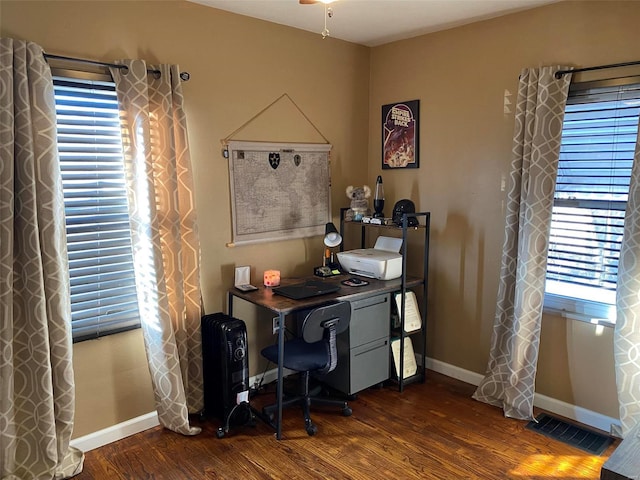 home office with dark hardwood / wood-style flooring