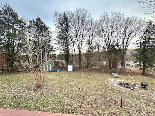 view of yard featuring an outdoor fire pit and a storage shed