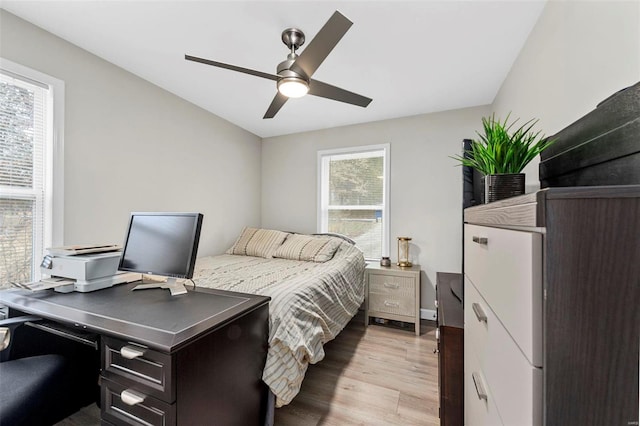 bedroom featuring light wood-type flooring and ceiling fan