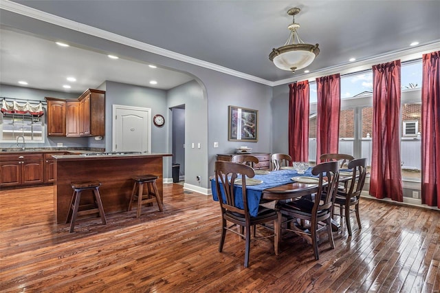 dining space with ornamental molding, sink, and dark wood-type flooring